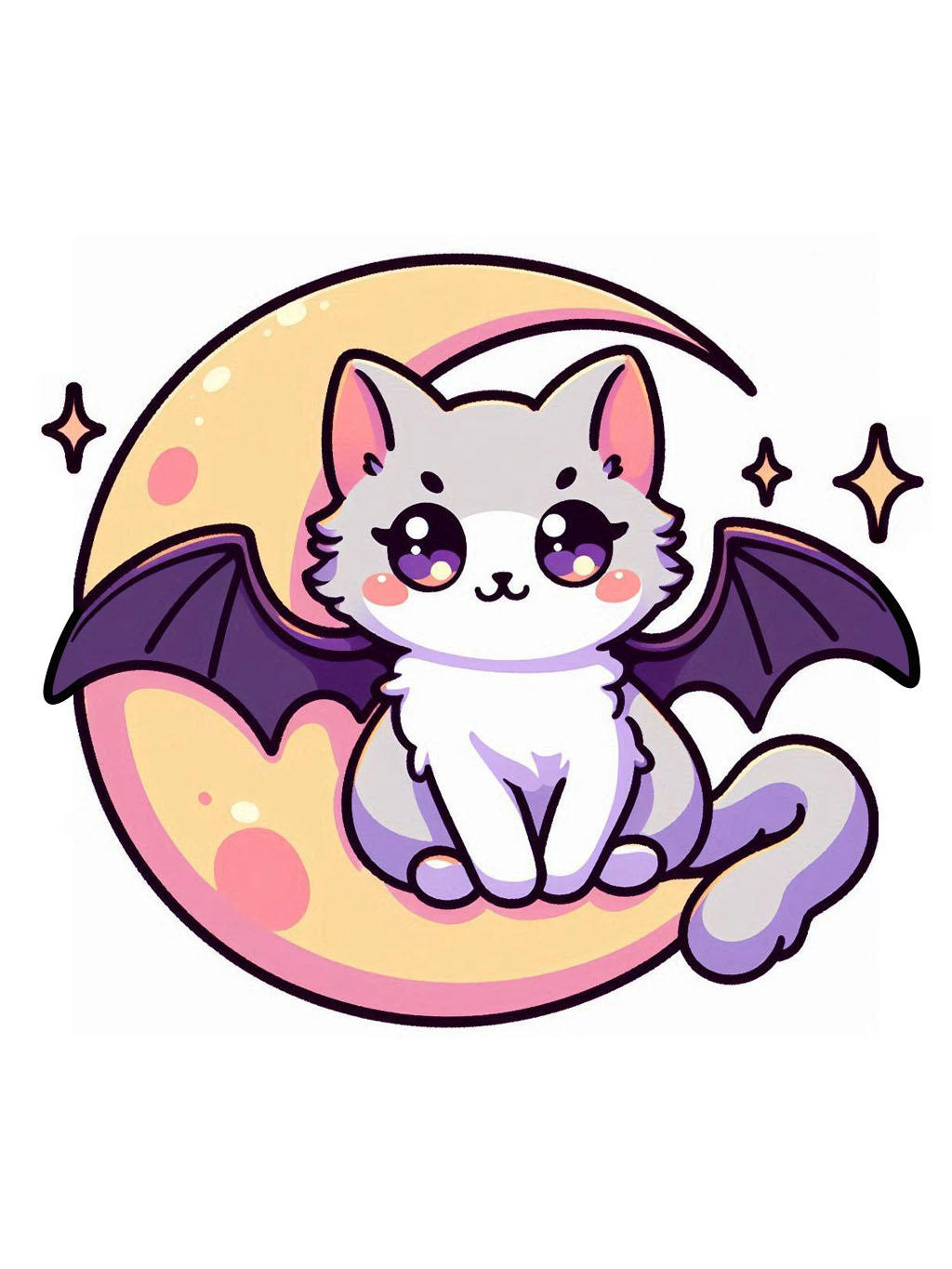 halloween cute animals drawings, depicting a whimsical kitten with bat wings against a moon backdrop, surrounded by stars.
